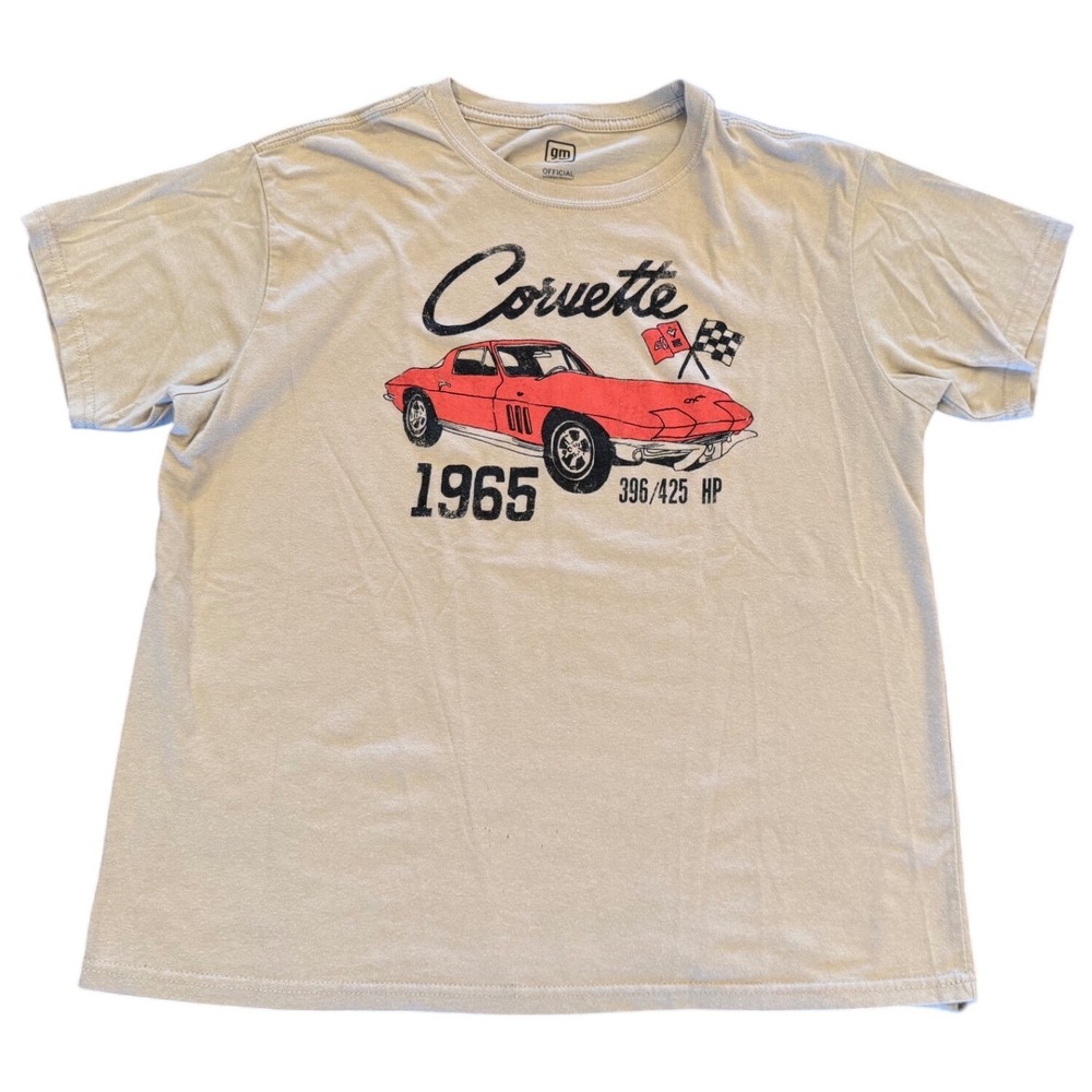 GM Official Corvette 1965 Stingray Graphic T-Shirt Tan Mens Large 396/425 HP